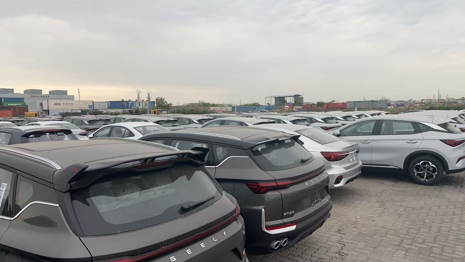 Vehicle export yard with multiple cars ready for shipment